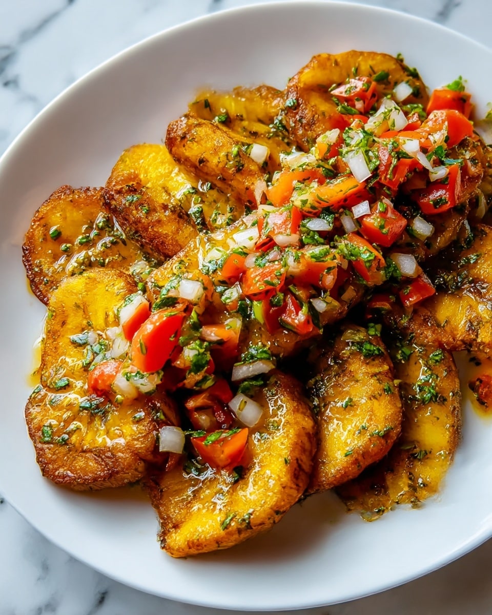 A white plate holds several golden brown, fried plantain slices arranged in a slightly overlapping layer, each slice showing crisp edges and a soft interior. On top, there is a colorful salsa composed of small diced red tomatoes and white onions mixed with finely chopped green herbs, providing a fresh contrast in color and texture that sits unevenly across the plantains. The sauce gives a shiny, slightly oily glaze over the whole dish. The background is a white marbled texture. photo taken with an iphone --ar 4:5 --v 7