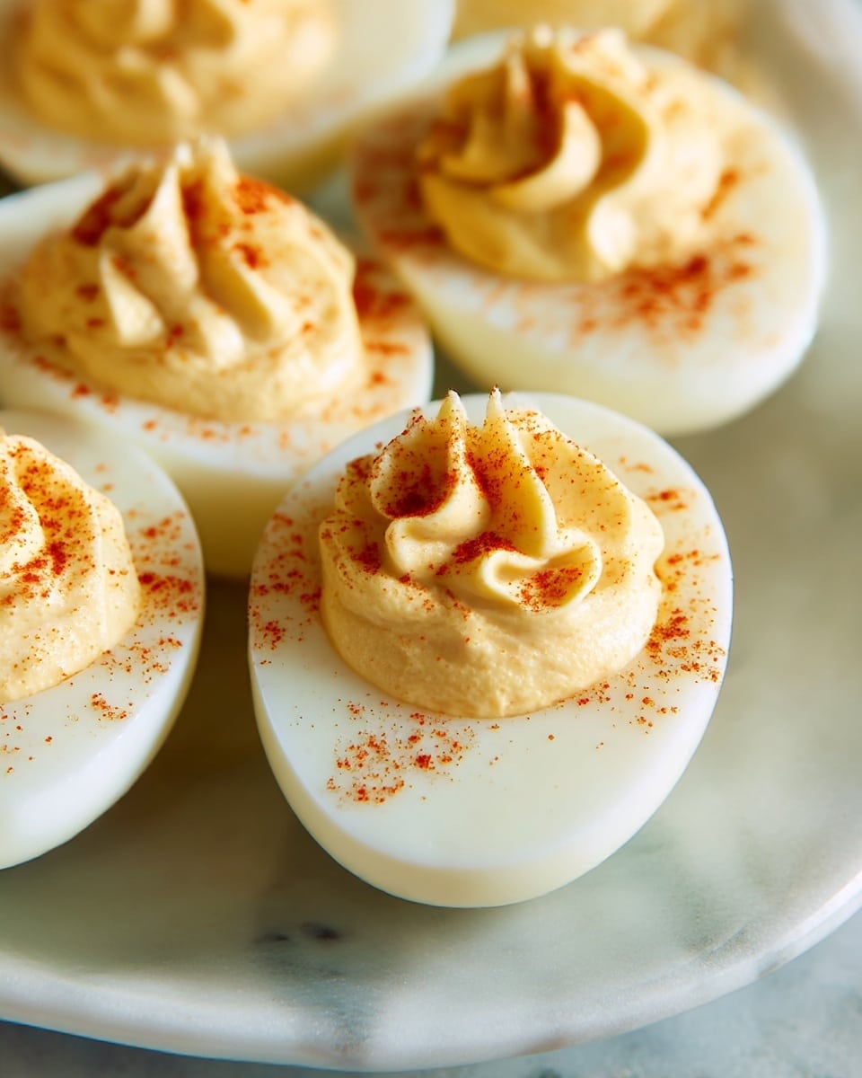 A close-up image of several deviled eggs on a white plate. Each egg consists of two layers: the smooth, shiny white egg white as the base and a creamy, pale yellow filling in the hollowed center, shaped with soft peaks. The filling is lightly dusted with red paprika, giving a contrast of white, pale yellow, and red colors. The plate is set on a white marbled surface that adds subtle texture to the background. The photo shows the deviled eggs in a cozy and inviting way. photo taken with an iphone --ar 4:5 --v 7