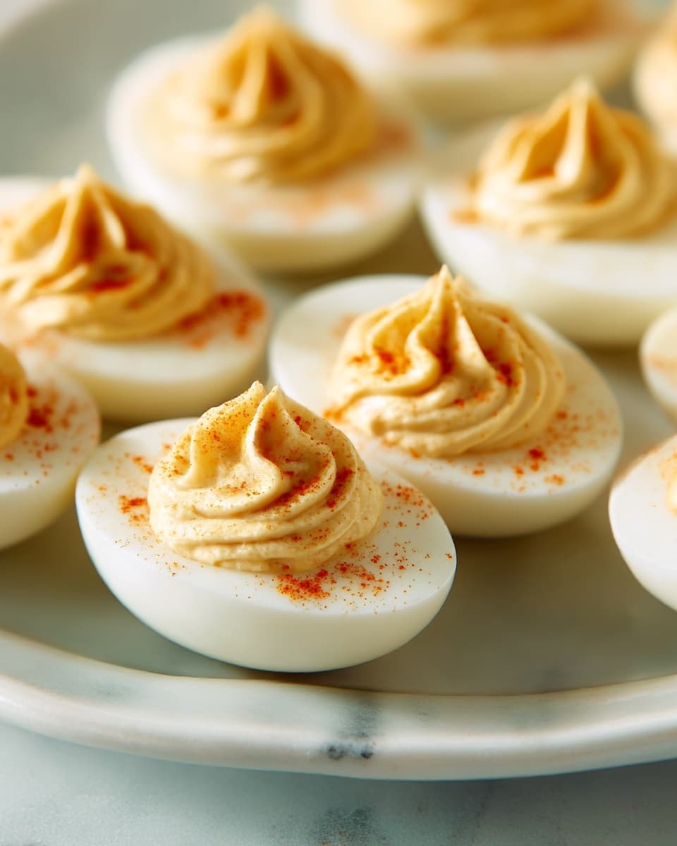 The image shows several deviled eggs arranged on a white plate with a smooth edge, placed on a white marbled surface. Each egg is sliced in half lengthwise and has a white outer layer from the egg white and a creamy pale yellow filling made from mashed yolk mixed with other ingredients. The filling is shaped into a small peak or swirl on top of each egg half, with a light dusting of orange-red paprika sprinkled over the filling for color contrast. The eggs are close to the camera, filling most of the frame with a soft-focus background. photo taken with an iphone --ar 4:5 --v 7