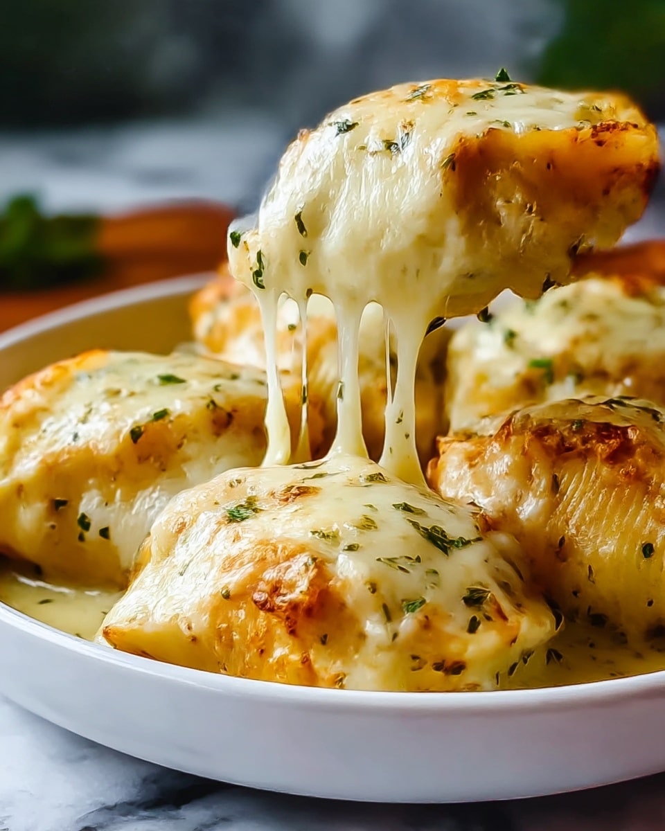 The image shows four golden-brown stuffed shells covered in a thick layer of melted white cheese, which is stretchy and gooey as one shell is being lifted, revealing the cheese pulling away. The shells have a slightly crispy texture on the edges with herbs sprinkled on top, adding green color to the creamy cheese. They are arranged close together in a white bowl sitting on a white marbled surface, and the background is softly blurred. photo taken with an iphone --ar 4:5 --v 7