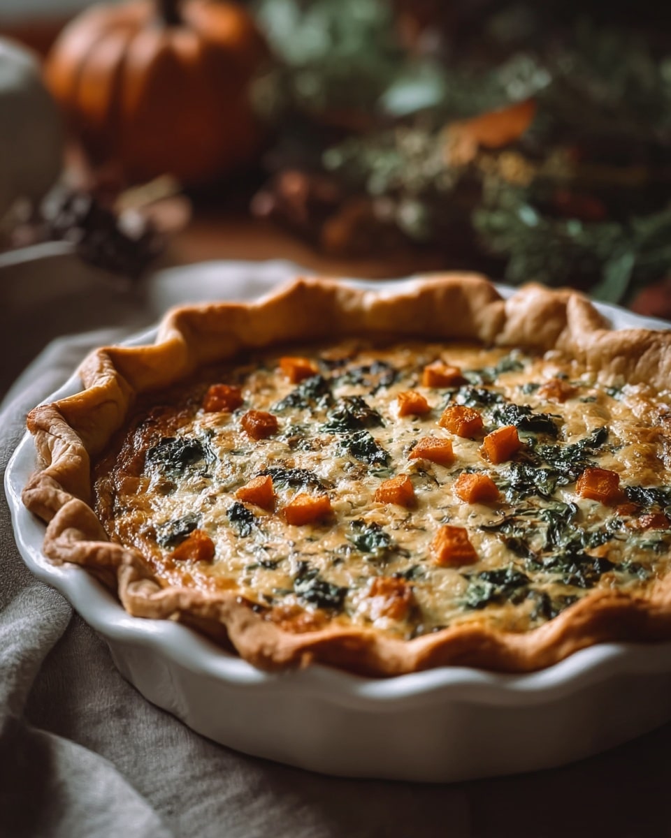 A baked pie with a thick, golden brown crust that curls in soft waves around the edge, sitting in a white ceramic pie dish. The filling has a creamy, lightly browned surface speckled with green leafy bits and scattered small orange cubes on top, giving a mix of textures and colors. The background shows a cozy, warm setting with muted natural elements blurred softly, creating a homely and autumn feel around the pie. photo taken with an iphone --ar 4:5 --v 7