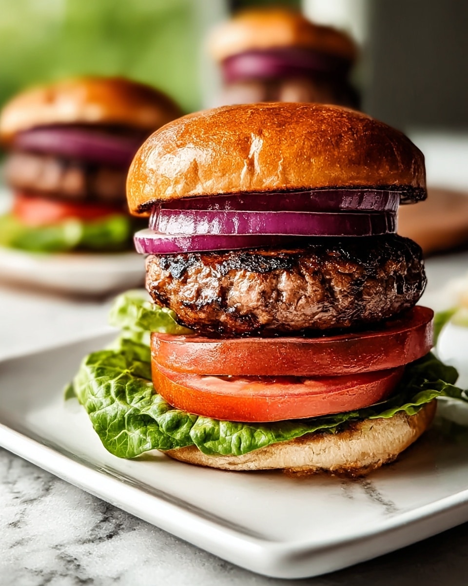 A close-up of a double-layer burger on a white plate with a white marbled texture surface. The bottom layer has a soft lightly toasted bun, topped with fresh green lettuce leaves, then a slice of juicy red tomato. Above that, there are two thick, well-grilled burger patties stacked one on top of the other, showing a rich brown with char marks. The top layer consists of two thick slices of purple-red onion, all covered by a shiny, golden brown, slightly crisp toasted top bun. In the background, another blurred burger is visible. Photo taken with an iphone --ar 4:5 --v 7