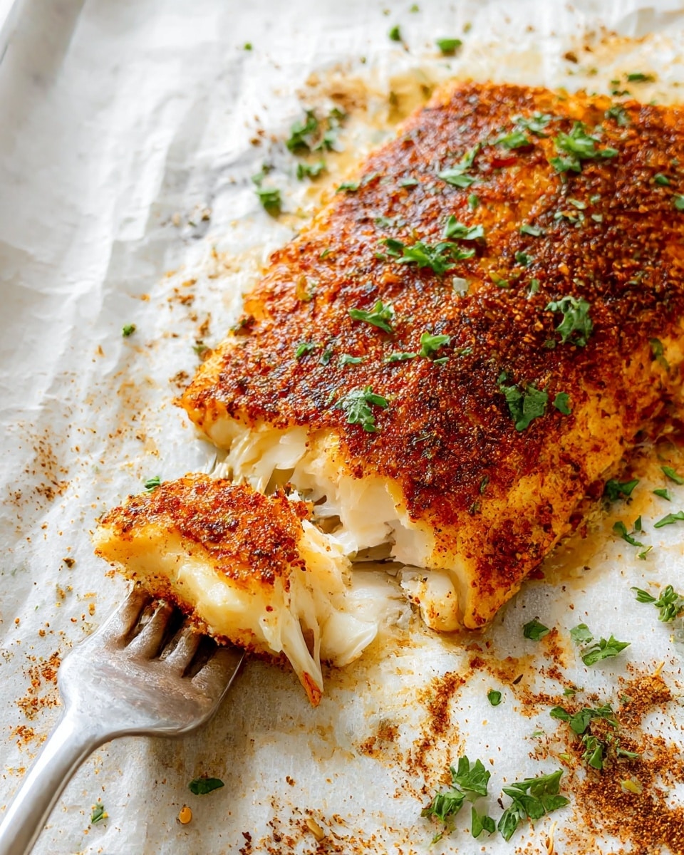A close-up of a cooked fish fillet with a crispy reddish-brown spice crust on top, speckled with green herb bits. The fish flesh beneath the crust is light golden and flaky, showing one piece being lifted by a silver fork on the left side. The fillet rests on white parchment paper with some scattered brown spices and green herbs around it. The scene is set on a white marbled surface. photo taken with an iphone --ar 4:5 --v 7
