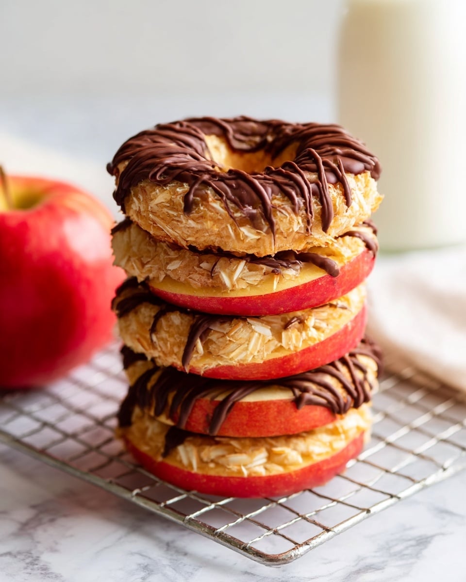 A stack of four apple rings with red and yellow skin forms the base, each ring topped with a rough-textured, beige coconut mixture layer that covers the top surface of each apple slice. The top apple ring layer is drizzled generously with dark brown, smooth chocolate in a zigzag pattern. The stack is placed on a metal cooling rack sitting on a white marbled surface. A red apple is partially visible to the left, and a white bottle is blurred in the background. photo taken with an iphone --ar 4:5 --v 7