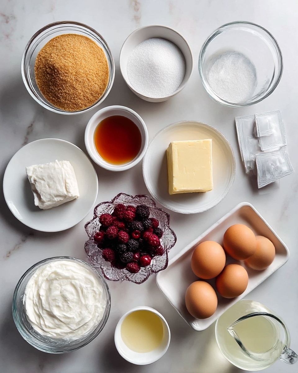 The image shows a flat lay of various cooking ingredients arranged neatly on a white marbled surface. There are eleven items visible: a bowl of brown sugar with a coarse texture, a bowl of fine white sugar, a bowl of amber-colored liquid, a small bowl of salt, a white plate holding a solid block of cream cheese, a small dish with several white packets, a decorative clear glass bowl filled with red and dark purple berries, a bowl of thick white cream, a bowl of sour cream, three brown eggs sitting in a tray with a dollop of white cream, a small white dish with light yellow liquid, and a clear pitcher filled with water. The composition is clean and bright, with a top-down perspective. photo taken with an iphone --ar 4:5 --v 7