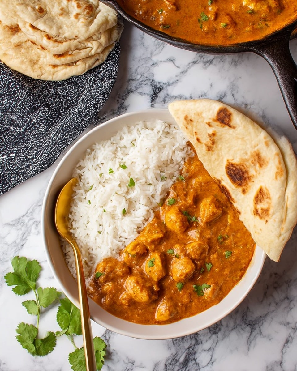 A white bowl shows a meal with three parts: on the left, thick orange curry with chunks of chicken, covered in a smooth sauce and sprinkled with small green cilantro leaves; on the right, white steamed rice, fluffy and soft, filling about half the bowl; leaning against the rice on the upper right side are two folded pieces of light beige flatbread with brown spots from cooking. A gold spoon rests inside the bowl on the left, near the curry, and a few extra green cilantro leaves lay on the white marbled surface under and near the bowl. In the top left are two more pieces of flatbread stacked, and in the top right is a cast iron pan filled with more orange curry, sitting on a black and white patterned cloth. photo taken with an iphone --ar 4:5 --v 7