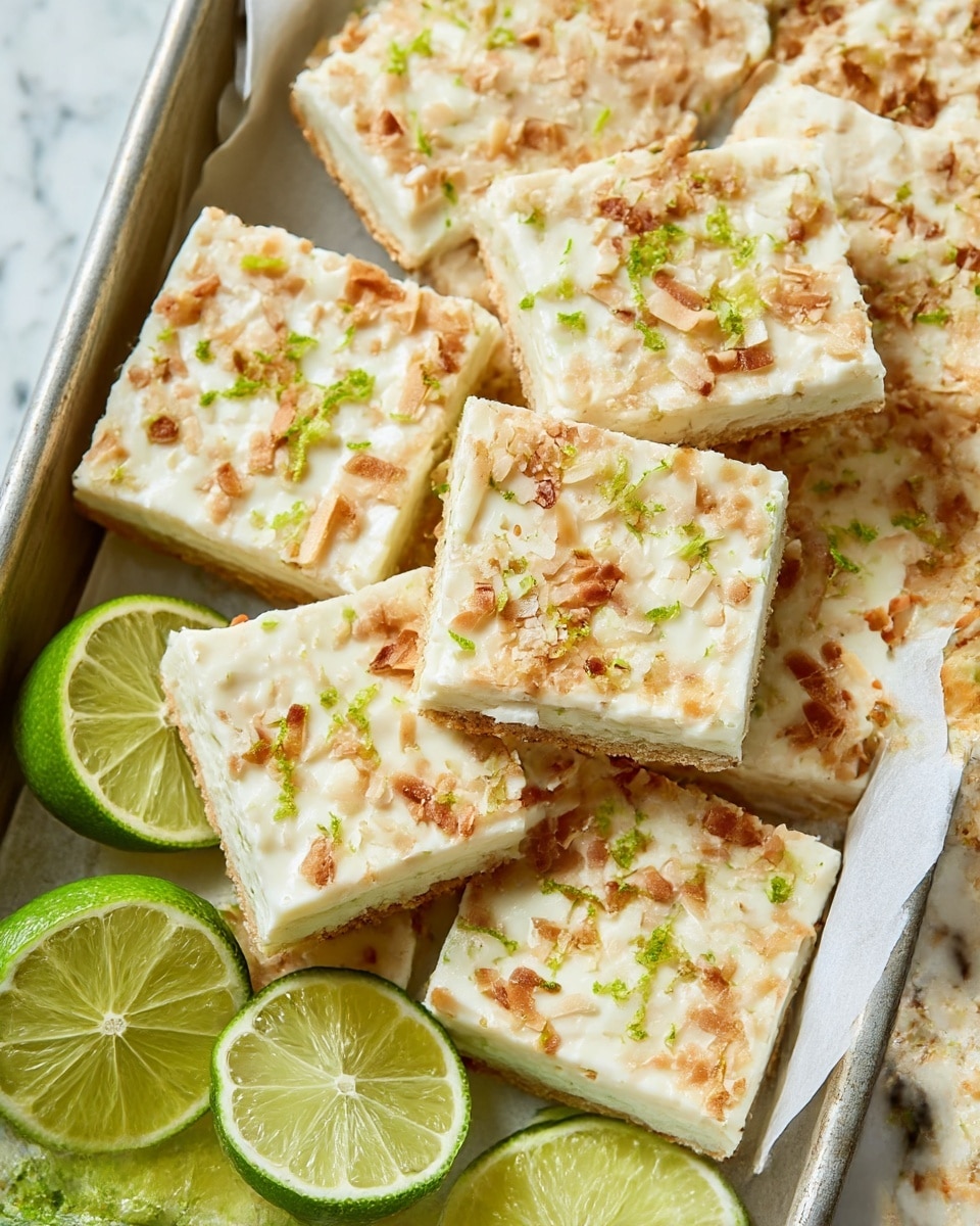 The image shows a close-up of several broken square pieces of a creamy white dessert topped with bits of toasted brown coconut flakes and light green lime zest. The pieces are layered and scattered on top of each other inside a metal tray lined with white parchment paper. Around the dessert pieces, there are bright green lime slices with detailed segmentation. The whole setting sits on a white marbled texture. photo taken with an iphone --ar 4:5 --v 7