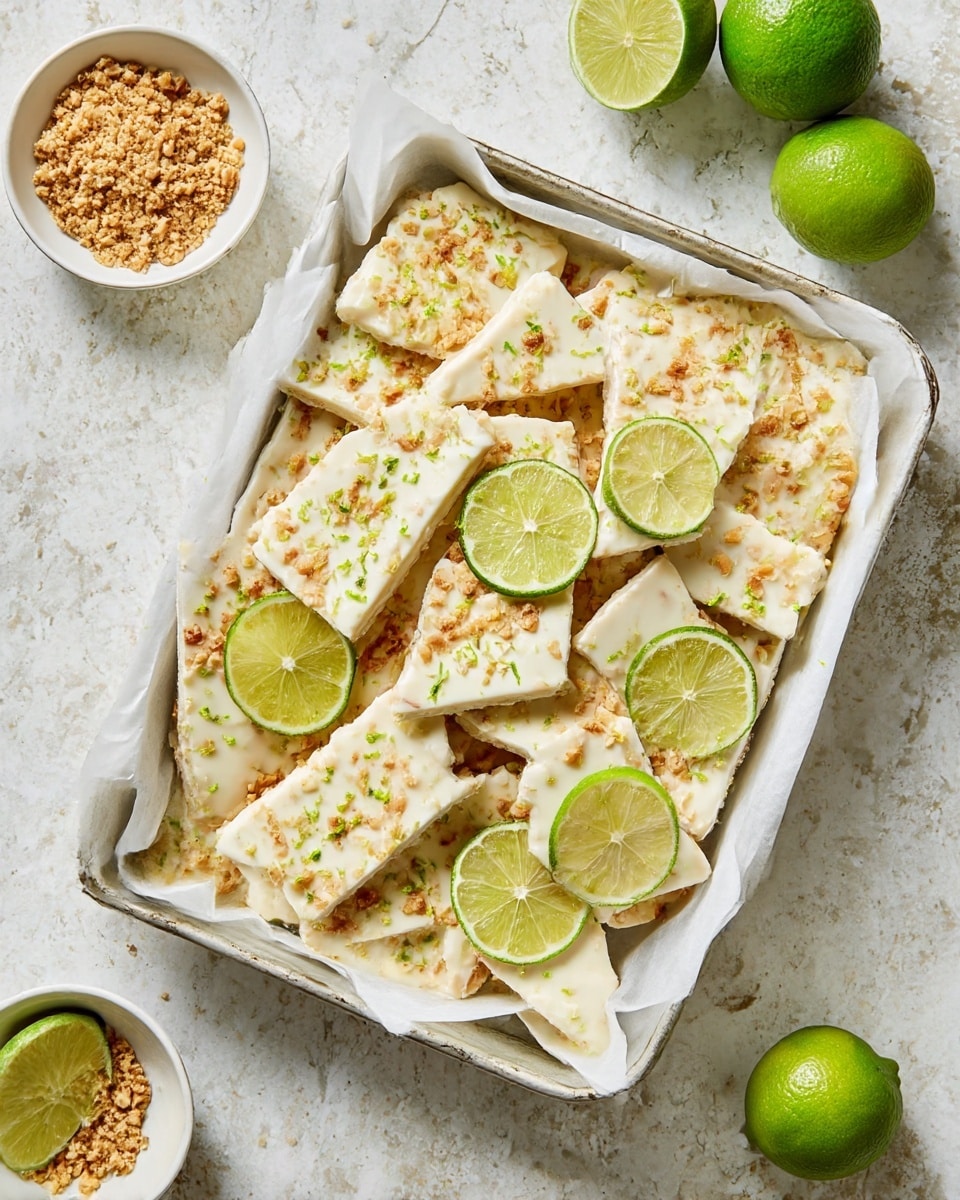 The image shows a white square metal tray lined with white parchment paper filled with many broken pieces of creamy white bark-like dessert, topped with golden brown toasted bits and sprinkled with small green zest bits, likely lime. The bark pieces have rough edges and are arranged overlapping each other with some lime slices with bright green skin and light green juicy flesh placed evenly among the pieces. Around the tray, there are small white bowls, one with crumbled golden-brown nuts or crumbs and another with whole bright green limes, all placed on a white marbled textured surface. Photo taken with an iphone --ar 4:5 --v 7