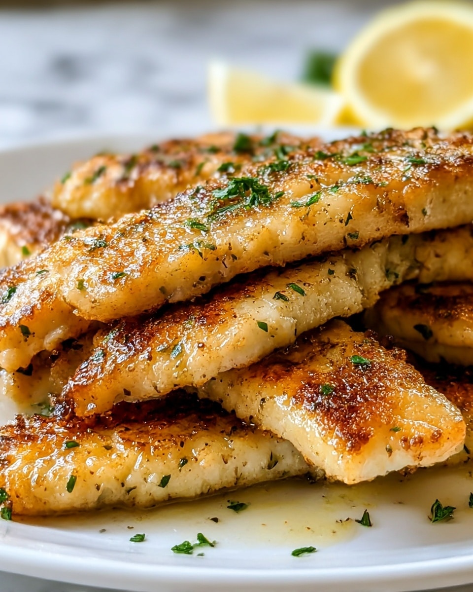 The image shows a close-up of several golden-brown grilled fish fillets stacked on a white plate. Each fillet has a crispy texture with a mix of light and dark brown spots from the grilling. The top layer of the fillets is sprinkled with small green herb pieces, adding a fresh touch. There is a light shine of oil on the surface of the fish, making it look juicy and tender. In the background, there is a blurred slice of lemon, adding a pop of yellow color. The plate rests on a white marbled surface. photo taken with an iphone --ar 4:5 --v 7