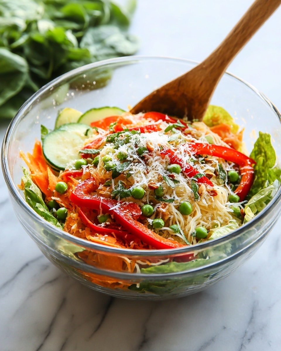 A clear glass bowl filled with a colorful salad sits on a white marbled surface. The bottom layer has thin pale noodles mixed with shredded orange carrots and green leafy lettuce. On top, there are slices of light green cucumber and bright red bell pepper strips scattered with green peas and chopped herbs. The salad is sprinkled with white grated cheese and some brown crunchy bits. A wooden spoon is placed inside the bowl, partly resting on the salad. The background shows blurred green leafy vegetables. Photo taken with an iphone --ar 4:5 --v 7