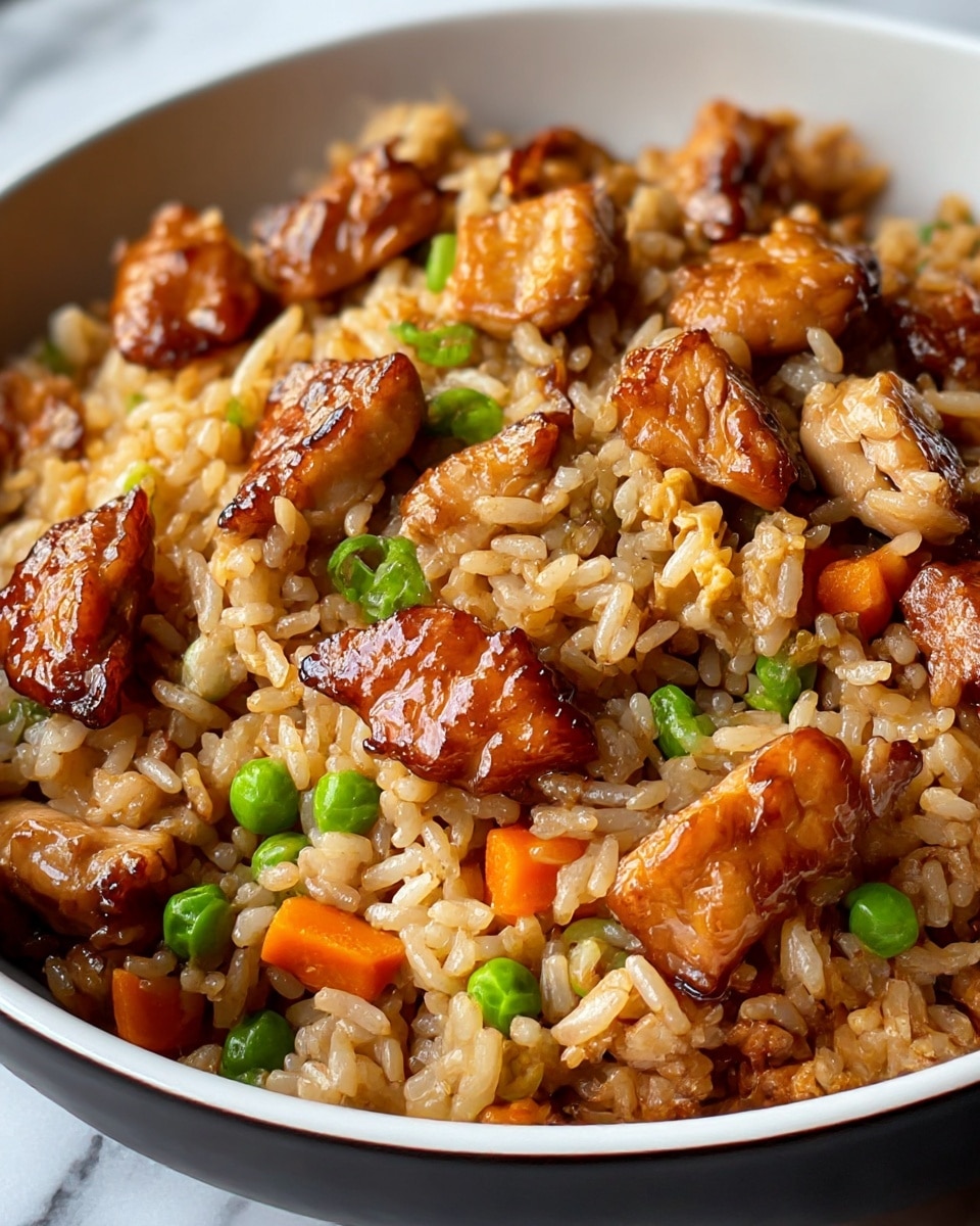 A close-up of cooked chicken fried rice in a white bowl, showing several layers: the base layer has shiny, soft rice grains mixed with small bright green peas and diced orange carrots. On top, there are medium-sized pieces of browned, slightly glazed chicken with a rich caramel color and a glossy texture. The rice looks fluffy and has a light brown color from the sauce. Everything is well mixed with juicy and tender chicken pieces spread evenly throughout. The bowl sits on a white marbled texture surface. photo taken with an iphone --ar 4:5 --v 7
