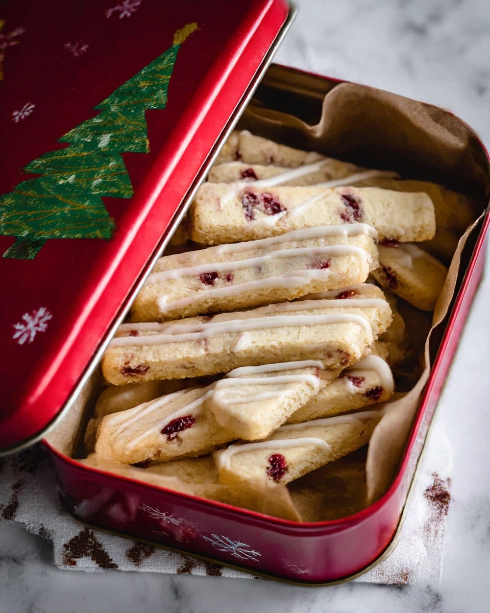 The image shows several rectangular shortbread cookies with small bits of red fruit inside and thin white icing drizzled diagonally over the top. They are stacked closely together inside a red holiday tin lined with brown parchment paper. The tin has a festive design with a green Christmas tree on the inside of the lid and some white snowflakes on the outside edges. A white and brown patterned cloth is partially visible under the tin on a surface with a white marbled texture. Photo taken with an iphone --ar 4:5 --v 7