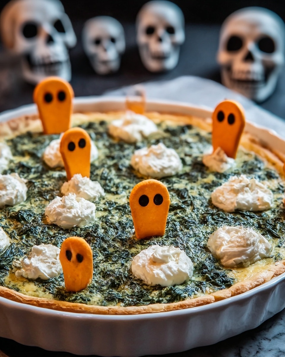 The dish is a round quiche or tart served in a white ceramic dish with a slightly golden crust around the edge, filled with a green spinach mixture spread evenly across the top. Dollops of white cream cheese or ricotta are placed evenly across the surface, each topped with an orange cracker standing vertically, resembling a tombstone shape. The background shows blurred skull decorations and a white marbled textured surface beneath the dish, giving a spooky Halloween feel. photo taken with an iphone --ar 4:5 --v 7