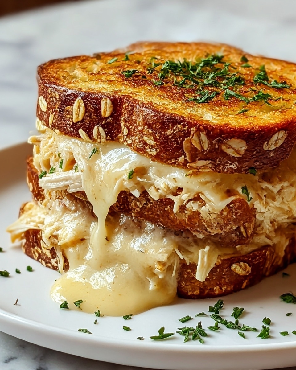 A close-up view of a toasted sandwich on a white plate, featuring two thick slices of golden-brown bread with a crispy crust sprinkled with oats. Between the slices, there is a thick layer of melted, slightly browned cheese dripping down the sides, mixed with shredded, tender-looking chicken. The top slice of bread is garnished with finely chopped green herbs, and some herbs are also scattered on the plate. The background has a white marbled texture. photo taken with an iphone --ar 4:5 --v 7