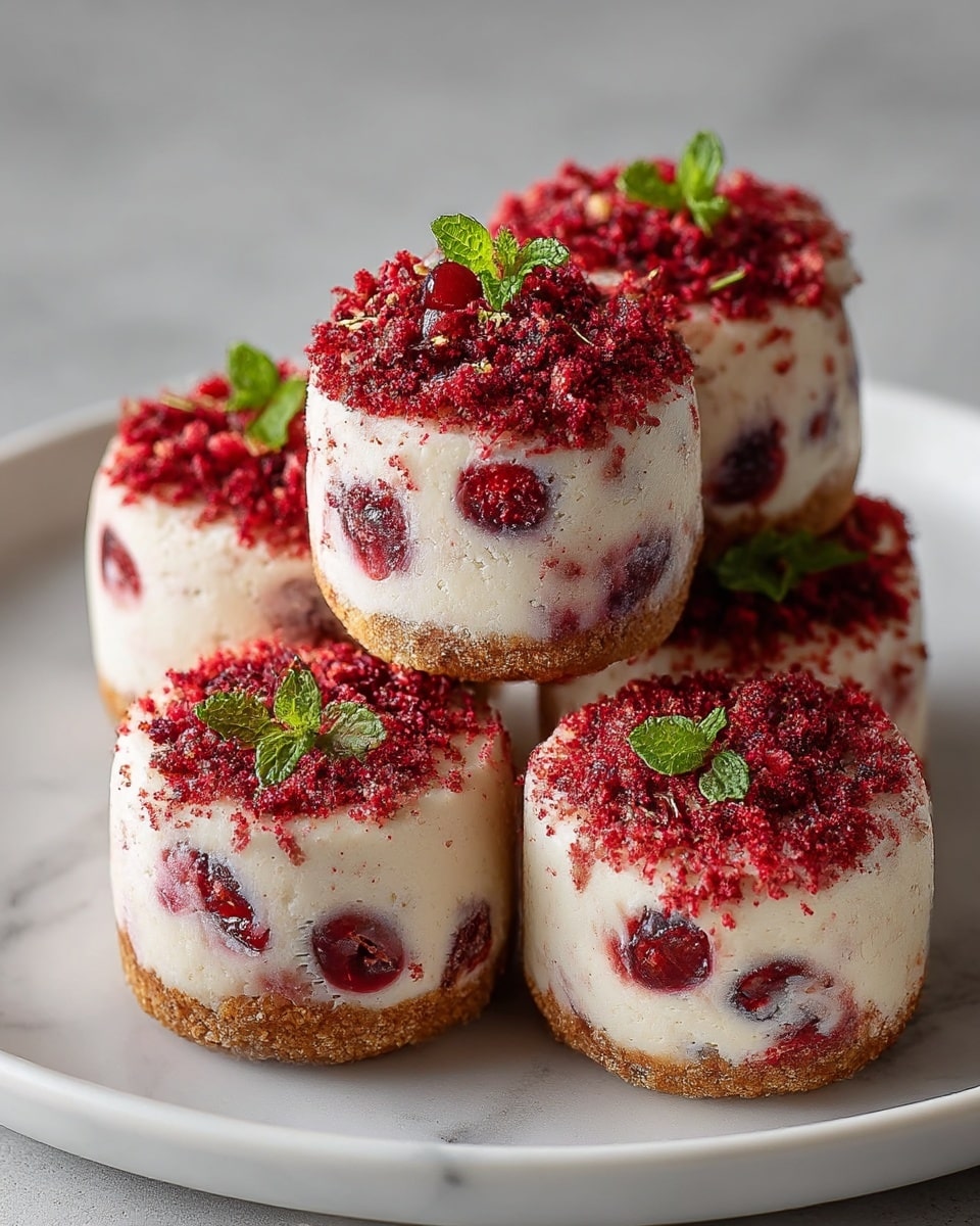The image shows five round, small desserts stacked together on a white plate with a white marbled surface. Each dessert has three visible layers: the bottom layer is a crumbly, light brown crust; the middle layer is a creamy white filling with red berry pieces inside, giving it a speckled look; the top layer is covered with crushed red fruit bits and garnished with tiny green mint leaves. The texture looks smooth and creamy with crunchy bits on the outside. The photo taken with an iphone --ar 4:5 --v 7