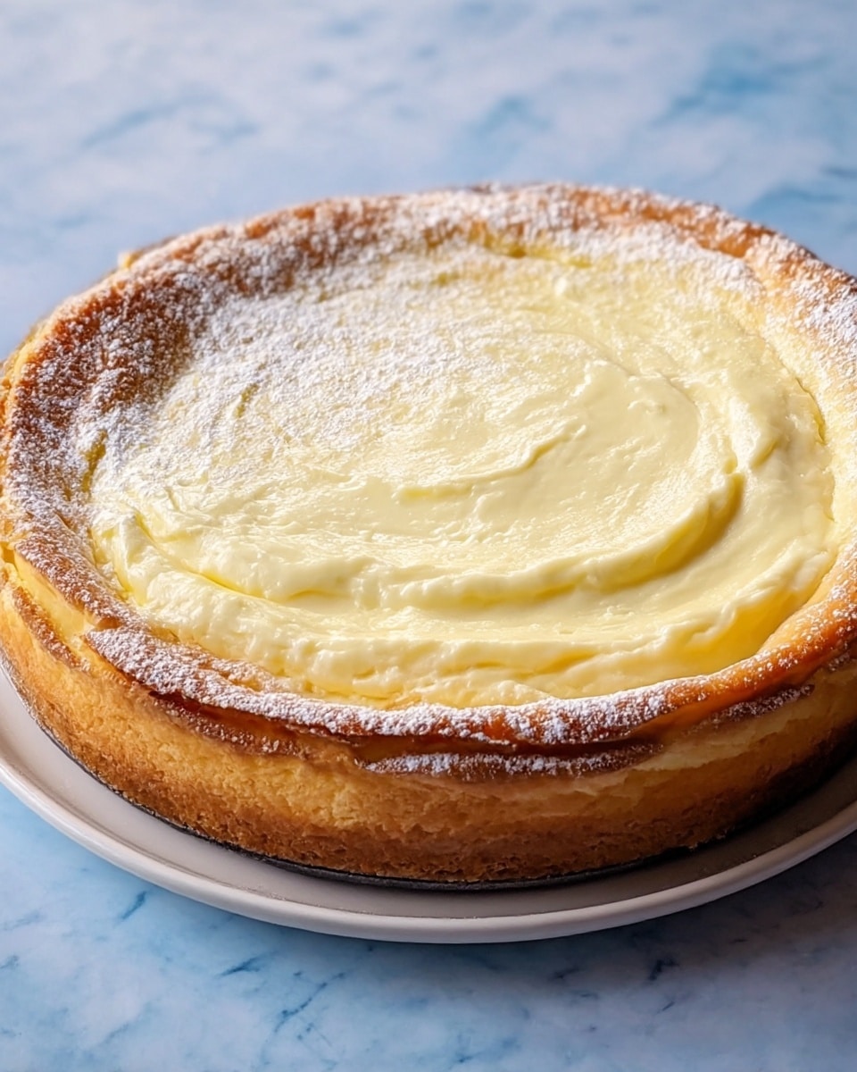 A round cheesecake with a thick golden-brown crust on the edges sits centered on a white plate with a subtle rim, placed on a white marbled surface. The cake has one main layer of smooth, creamy, pale yellow filling that looks soft and slightly swirled on top. There is a light dusting of powdered sugar over the crust and filling, adding a delicate white touch. The crust appears crumbly and thicker around the border, holding the creamy inner layer well. Photo taken with an iphone --ar 4:5 --v 7