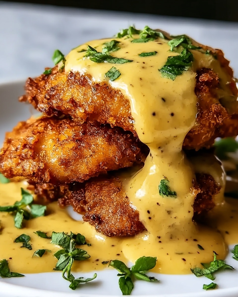 The image shows two crispy fried chicken pieces stacked on top of each other, covered in a thick, creamy yellow sauce with small black pepper bits. The sauce smoothly drips down the sides of the chicken, pooling slightly at the base. Small green herb leaves are sprinkled generously over the sauce and around the chicken, adding a fresh contrast to the golden brown, crunchy texture of the chicken. The dish sits on a white plate, placed on a white marbled surface. photo taken with an iphone --ar 4:5 --v 7