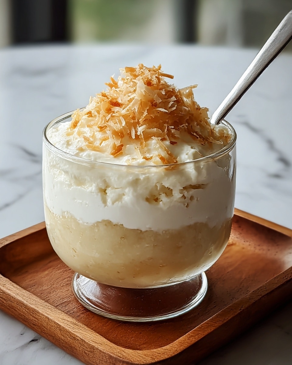 A clear glass dessert cup filled with a three-layered treat sits on a wooden tray against a white marbled background. The bottom layer is a light beige mushy base, topped with a thick, creamy white layer that looks smooth and soft. The top layer consists of toasted golden-brown shredded coconut sprinkled evenly, adding a rough texture. A silver spoon is placed inside the cup, leaning slightly to the side. Photo taken with an iphone --ar 4:5 --v 7