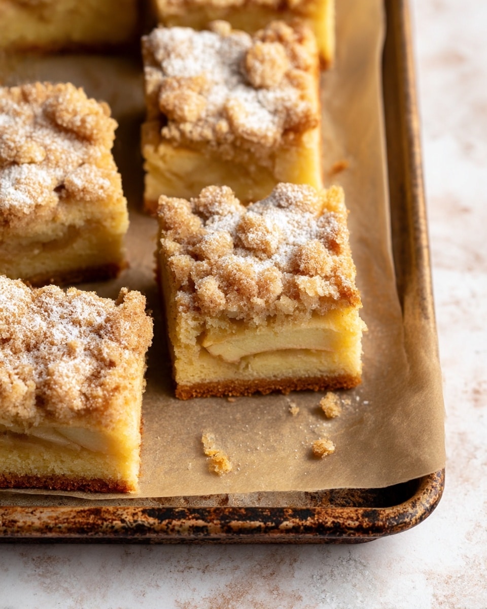The image shows several square pieces of crumb cake arranged on a baking tray lined with parchment paper. Each piece has three visible layers: a light golden brown soft cake base, a middle layer with slightly visible apple slices that are creamy yellow, and a top layer of golden crumb topping mixed with cinnamon, lightly dusted with powdered sugar. The crumb topping looks crumbly and textured with small chunks scattered on the surface. The tray has a rustic, worn look and sits on a white marbled textured surface. Photo taken with an iphone --ar 4:5 --v 7