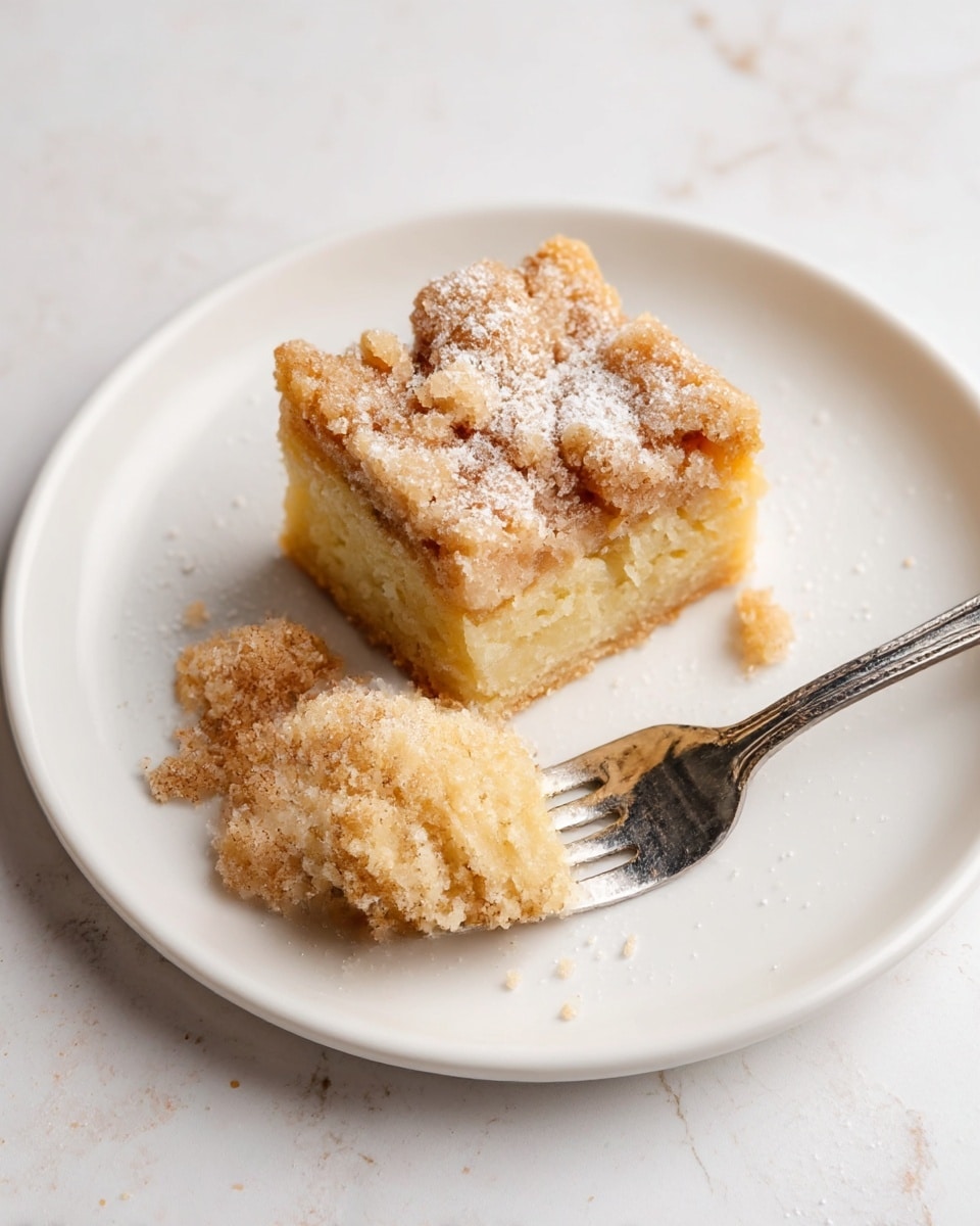 Two small square pieces of crumb cake are placed on a white plate with a white marbled texture surface beneath. The top layer is a golden-brown crumb topping with a coarse, sugary texture and a light dusting of powdered sugar. Below the crumb topping is a thick, soft, and moist cake layer with a pale yellow color and slightly crumbly texture. A silver fork is underneath one piece of the cake, with crumbs scattered on the plate near the cake. photo taken with an iphone --ar 4:5 --v 7