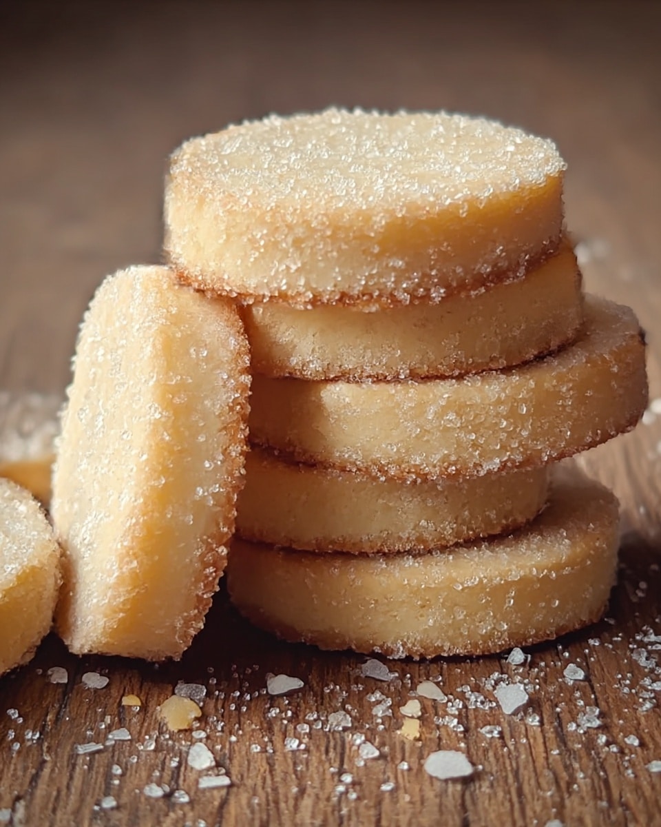 A pile of five round shortbread cookies is shown, each cookie having one layer with a pale golden color. The cookies have a rough texture from a thick coating of large sugar crystals covering their edges and tops. They are stacked unevenly on a brown wooden surface with some sugar crystals scattered around. The edges of the cookies are slightly browned, giving a toasted look. photo taken with an iphone --ar 4:5 --v 7