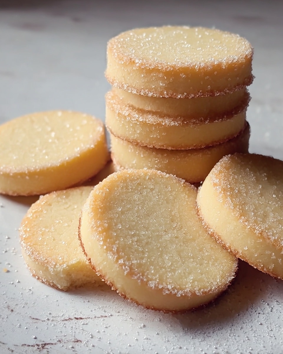 A close-up view of several round, light golden shortbread cookies with a fine, grainy texture. Each cookie is a single layer, with sugar crystals dusting the edges, creating a sparkling effect. The cookies are stacked in a small pile and some lay flat around it. The surface beneath them has a white marbled texture faintly visible through a thin layer of flour dust. The lighting highlights the soft crumbly texture of the cookies. Photo taken with an iphone --ar 4:5 --v 7