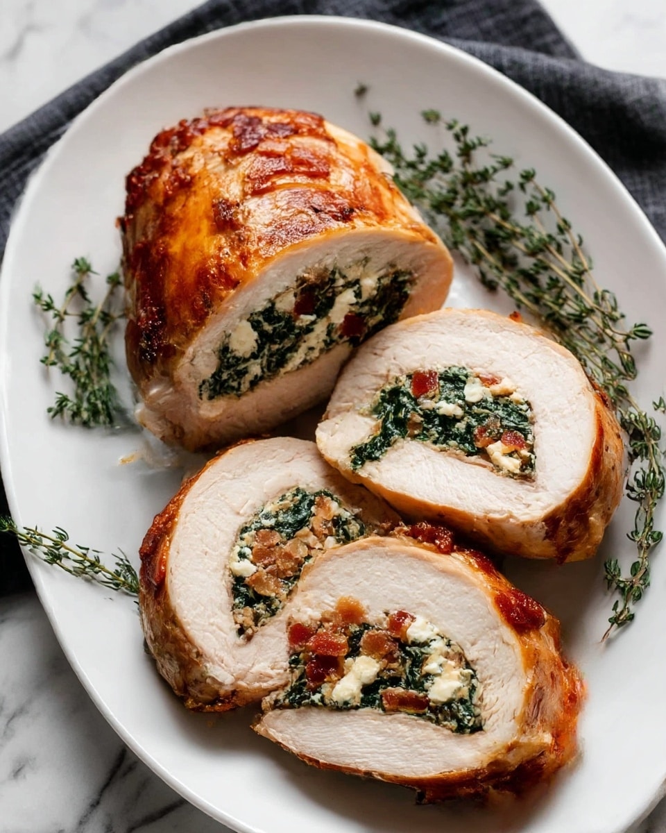 A white oval plate holds a sliced stuffed chicken breast with four pieces visible. The outer layer is golden brown and crispy skin, showing well-cooked chicken meat below it. Inside, the filling has three layers: a deep green spinach layer, white crumbly cheese, and small pieces of red bacon mixed in. Around the chicken, fresh green thyme sprigs are scattered for decoration. The plate is set on a white marbled surface with a dark cloth nearby. photo taken with an iphone --ar 4:5 --v 7
