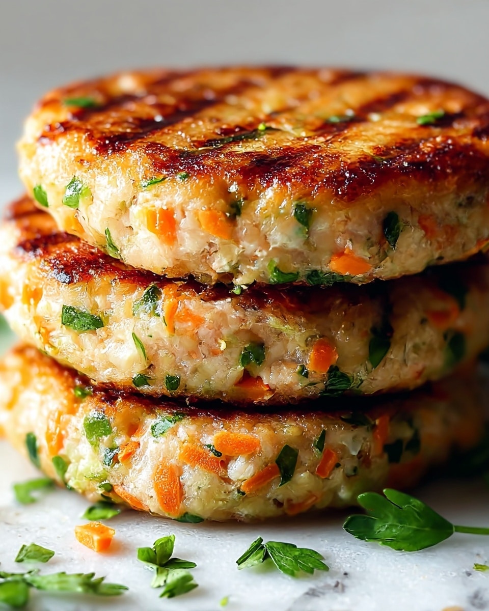 A close-up image of a stack of three golden-brown patties, each about one thick layer. The patties have a grilled, slightly crispy top with visible grill marks. Mixed inside the patties are small pieces of bright orange carrots and fresh green herbs, giving a speckled texture throughout the light beige mixture. The layers are evenly stacked, showing the chunky, moist texture of the ingredients inside, with a few fresh green herb leaves around the base. The scene is set on a white marbled texture. photo taken with an iphone --ar 4:5 --v 7