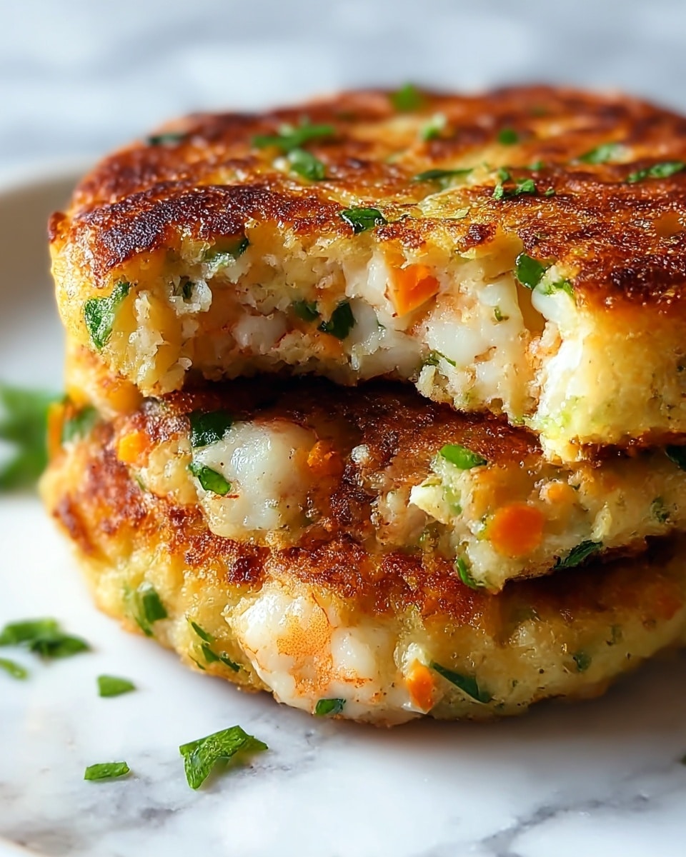 The image shows a close-up view of two golden-brown patties stacked on a white plate, with the top patty slightly lifted to reveal its inside. The patties have a crispy, browned outer layer with small pieces of green herbs and orange and white bits embedded within, giving a fresh and colorful texture. The inside layer looks soft and moist with visible chunks of shrimp or seafood and green herbs scattered throughout. The surface beneath the plate is a white marbled texture. photo taken with an iphone --ar 4:5 --v 7