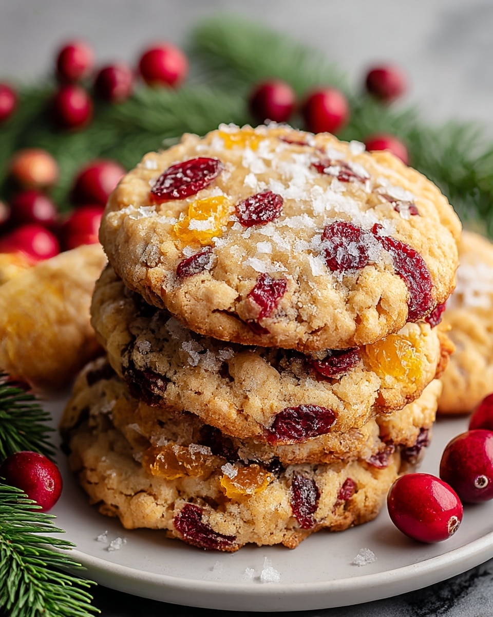A stack of four thick, round cookies sits on a white plate, each cookie textured with a golden-brown surface speckled with deep red dried cranberries and bright orange pieces of candied fruit. The cookies have a crumbly texture, topped with coarse white sugar crystals that glisten slightly. The plate rests on a white marbled surface, surrounded by fresh red cranberries and green pine sprigs, adding a festive touch to the scene. The focus is close, showing the detailed texture and color contrast of the cookie layers. photo taken with an iphone --ar 4:5 --v 7