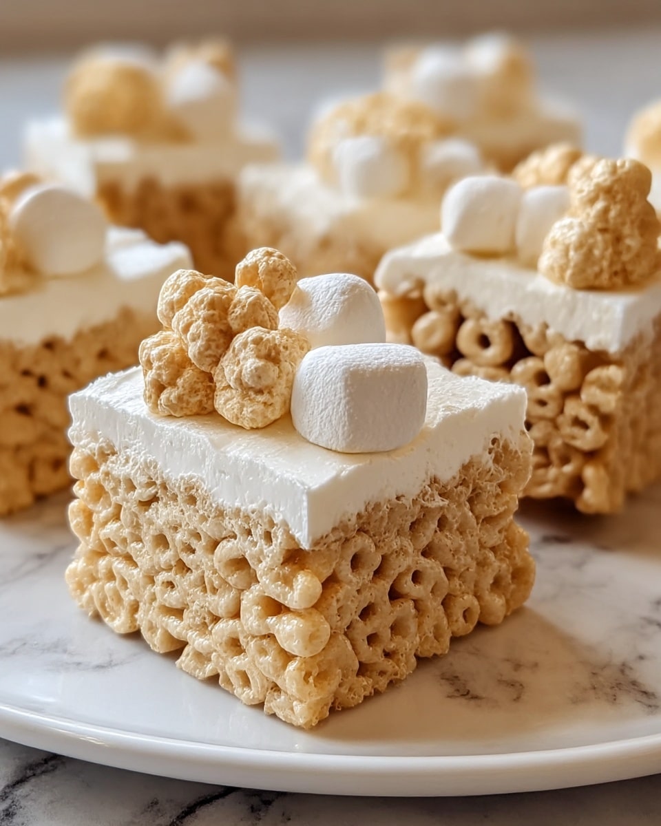 The image shows several square treats on a white plate, each with two main layers. The bottom layer is made of golden, crispy puffed rice cereal packed tightly together, giving a crunchy texture and light brown color. The top layer is thick, creamy, and white, looking smooth and soft, probably made of marshmallow or a similar sweet. Each square is decorated with a small white marshmallow and a cluster of puffed rice cereal on top, adding extra texture and a slightly darker tan color. The plate is set on a white marbled surface, with the focus on the front treat, showing fine details of both crunchy and creamy parts. photo taken with an iphone --ar 4:5 --v 7
