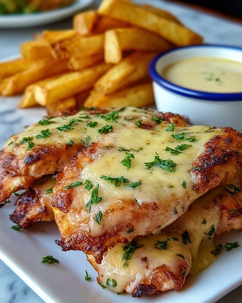 The image shows a close-up of a white square plate with a stack of three grilled chicken breasts, each topped with melted golden-yellow cheese sprinkled with small green parsley leaves. The chicken has a slightly charred, textured surface with crisp edges. Behind the chicken, there is a pile of thick, golden French fries. To the upper right, a small white bowl with blue rim detail holds a creamy dipping sauce. The entire scene is set on a table with a white marbled texture. photo taken with an iphone --ar 4:5 --v 7