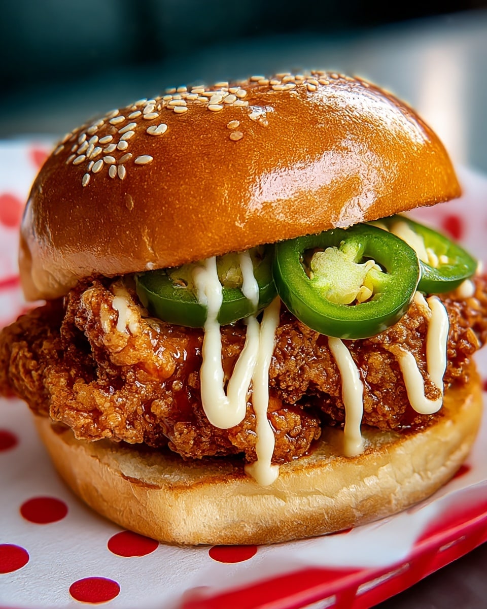 A close-up view of a fried chicken sandwich showing a shiny, golden-brown sesame seed bun on top and a soft, light-colored bun at the bottom. Inside, there are crispy, deeply fried chicken pieces coated with a crunchy, textured crust and covered with a glossy sauce. On top of the chicken, there are fresh, green jalapeño slices adding a pop of color, and a zigzag drizzle of creamy white mayo. The sandwich rests on a white basket liner with red polka dots, placed against a blurred background. photo taken with an iphone --ar 4:5 --v 7