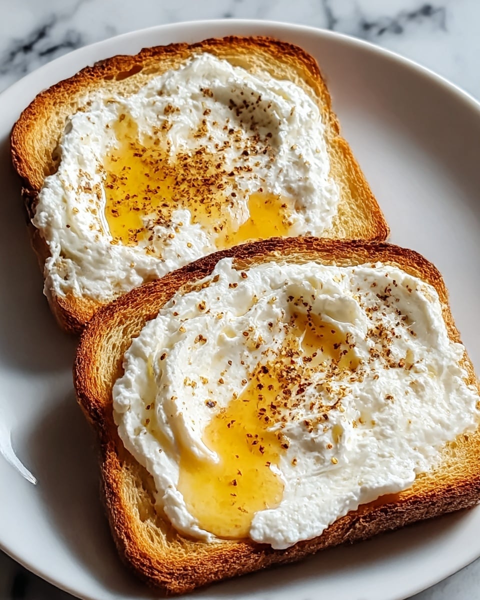 Two slices of toasted bread are placed on a white plate with a white marbled surface. Each slice has a thick layer of white, fluffy cream cheese spread all over it. The cream cheese has a slightly uneven, soft texture with small peaks and folds. On top of this, there is a drizzle of golden honey pooling in the center and running slightly down the sides, adding a shiny, sticky layer. Small brown specks of crushed black pepper or spice are scattered evenly over the honey and cream cheese, adding a contrasting texture and color. The toast edges are golden brown and crisp. Photo taken with an iphone --ar 4:5 --v 7
