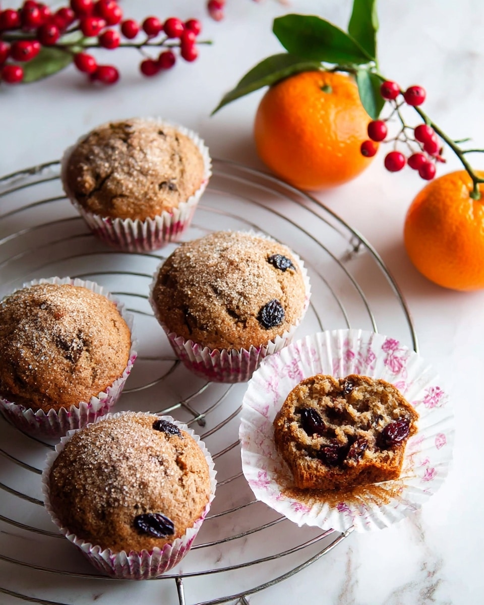 The image shows five brown muffins with a slightly rough texture, studded with dark dried berries, arranged on a round metal cooling rack. Four muffins are whole, each topped with a small dusting of light brown sugar or cinnamon, while the fifth muffin is split open to reveal a moist, crumbly inside filled with more dried berries. Each muffin sits in a white paper liner with a pink pattern. The scene includes two bright orange mandarins with green leaves on the top right, and a branch with red berries in the top left corner, all placed on a white marbled surface. photo taken with an iphone --ar 4:5 --v 7