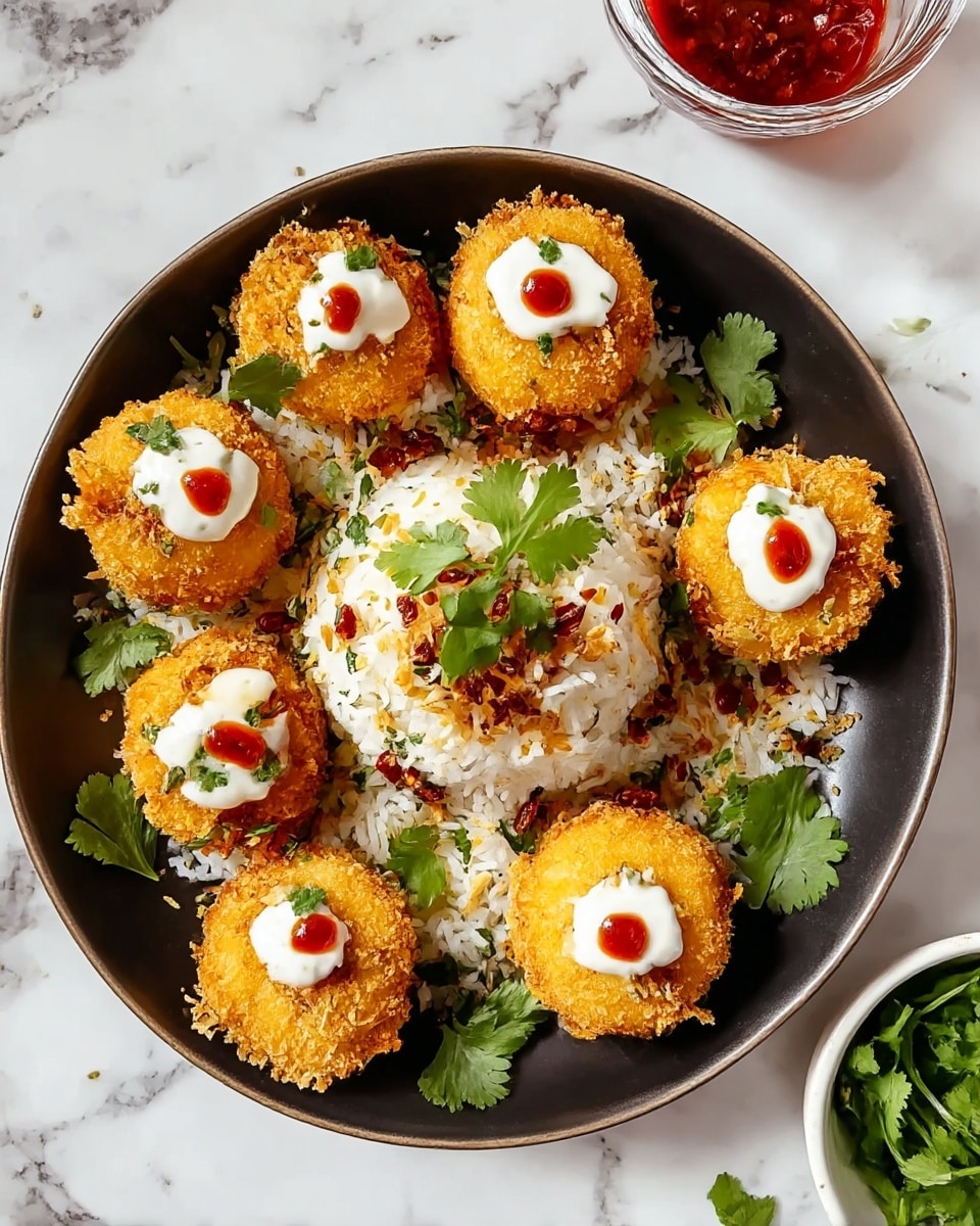 A dark bowl contains seven round fried crispy golden puffs arranged in a circle, each topped with a white creamy dollop and a small red sauce spot, garnished with fresh green cilantro leaves. In the middle of the bowl is a mound of white fluffy rice mixed with bits of toasted crumbs and green herbs, also topped with white cream and red sauce dots. The bowl is set on a white marbled surface, with a small white bowl holding fresh cilantro leaves nearby and a glass container with red sauce in the top right corner. photo taken with an iphone --ar 4:5 --v 7