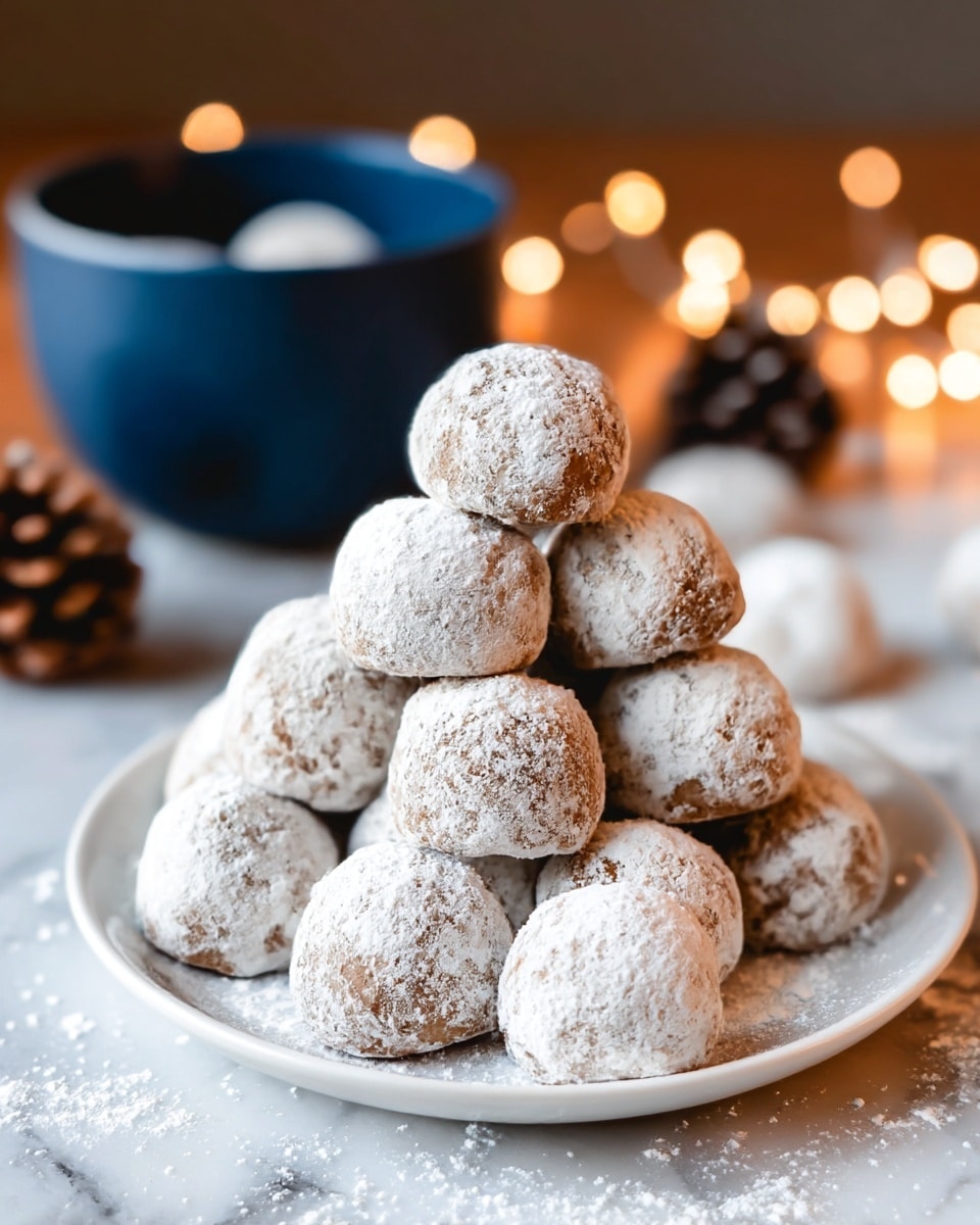 A white plate holds a pyramid stack of round brown cookies, each covered with a dusting of white powdered sugar that slightly enhances their rough texture. The pyramid has four layers, with the top layer featuring a single cookie broken in half, showing its crumbly, darker brown inside. The background has a soft focus with hints of white and green, and the whole scene is set on a white marbled surface. photo taken with an iphone --ar 4:5 --v 7