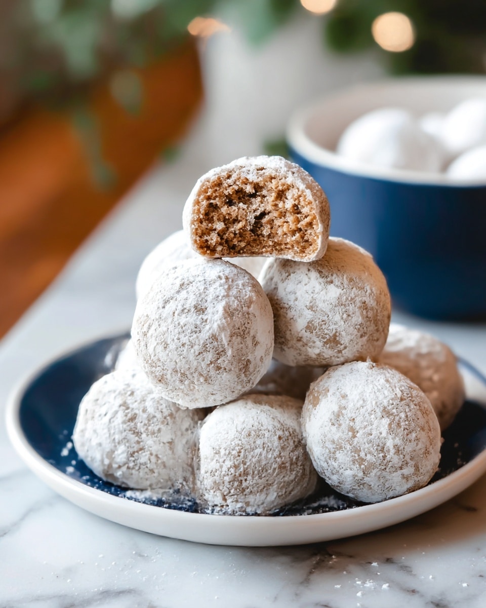 A white plate holds a pyramid of nine round brown cookies, each dusted with white powdered sugar giving them a soft, snowy look. The cookies are arranged in four layers: the bottom has five, the next has three, the third layer has one, and the topmost cookie sits centered at the peak. The plate rests on a white marbled surface with scattered powdered sugar around it, and blurred festive lights glow warmly in the soft background. Pine cones and holiday decorations add to the cozy scene, creating a calm and sweet holiday feel. photo taken with an iphone --ar 4:5 --v 7