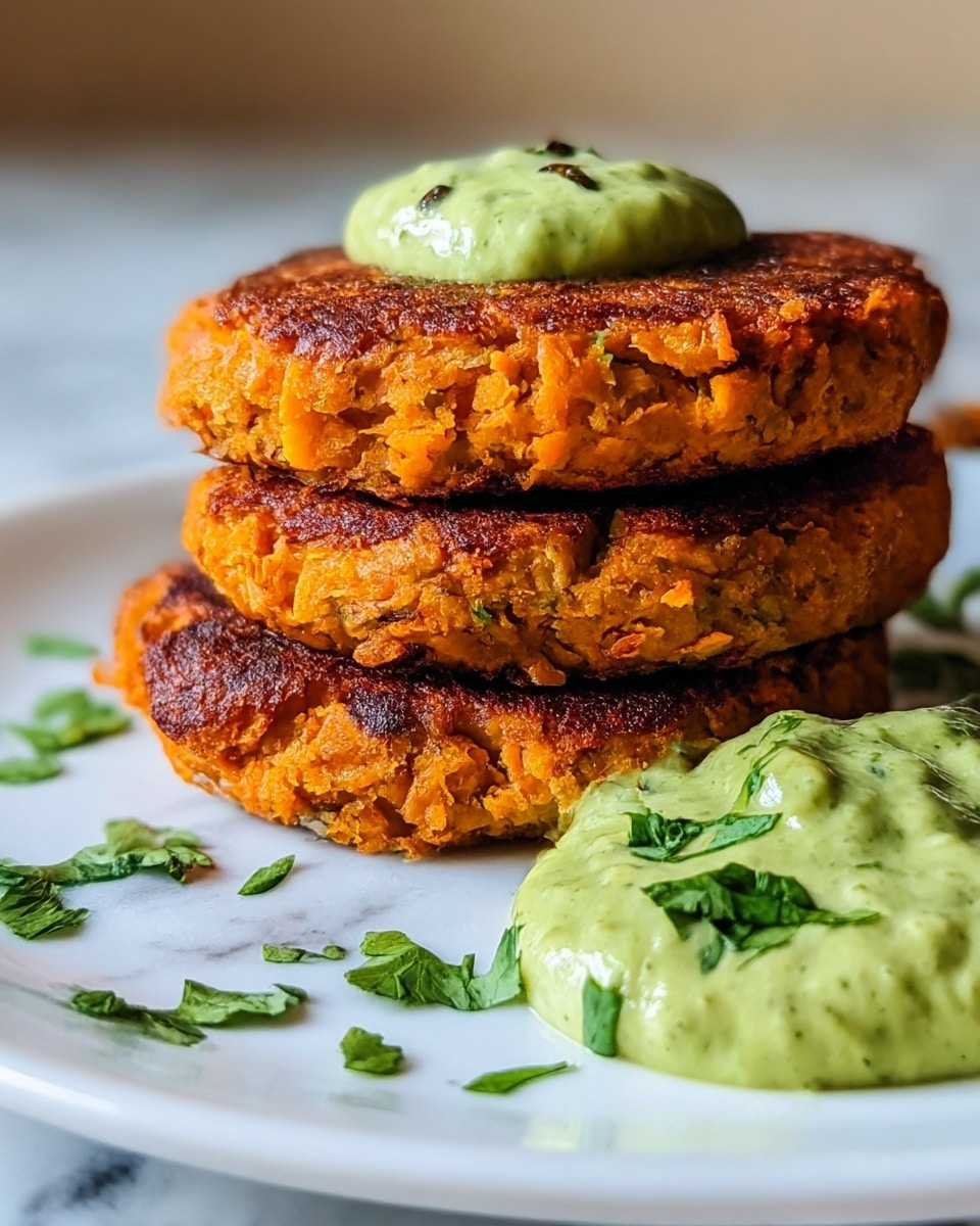 The image shows a stack of three thick orange patties with a crispy, dark brown crust on the outside and a rough, soft texture inside. The top patty has a dollop of smooth, green sauce with small dark green herb bits. Next to the stack is another small pile of the same sauce, also sprinkled with fresh herb leaves. The patties and sauce are placed on a white plate set on a white marbled surface. photo taken with an iphone --ar 4:5 --v 7