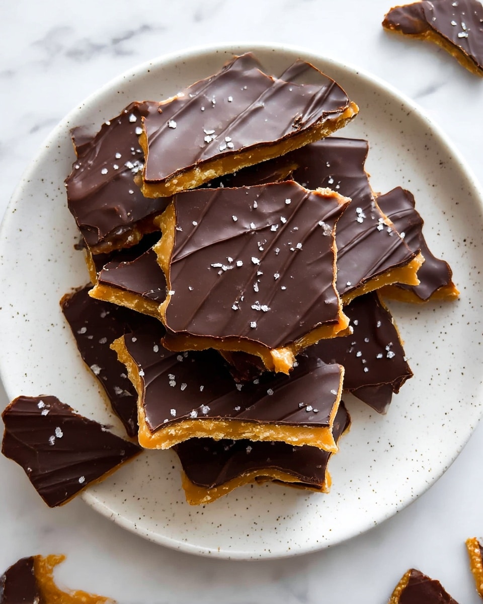 A white speckled plate holds about eight pieces of chocolate toffee bark stacked unevenly. Each piece shows a bottom layer of golden, crumbly toffee topped with a thick, smooth, dark chocolate layer that has subtle ridges and is sprinkled with small white salt crystals. Pieces vary in size and shape, with rough edges and some fragments scattered around the plate. The background is a white marbled surface. photo taken with an iphone --ar 4:5 --v 7