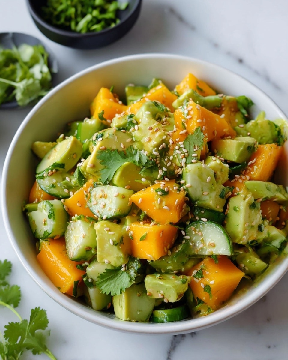 A white bowl filled with a colorful salad made of three main layers of diced ingredients: bright orange mango cubes, light green cucumber chunks, and slightly darker green avocado pieces. The salad is mixed with finely chopped fresh cilantro and sprinkled with small light tan sesame seeds scattered on top. In the background, there is a small black bowl with chopped green herbs and some cilantro leaves on a white marbled surface. The salad looks fresh and vibrant with a mix of soft and crunchy textures. photo taken with an iphone --ar 4:5 --v 7
