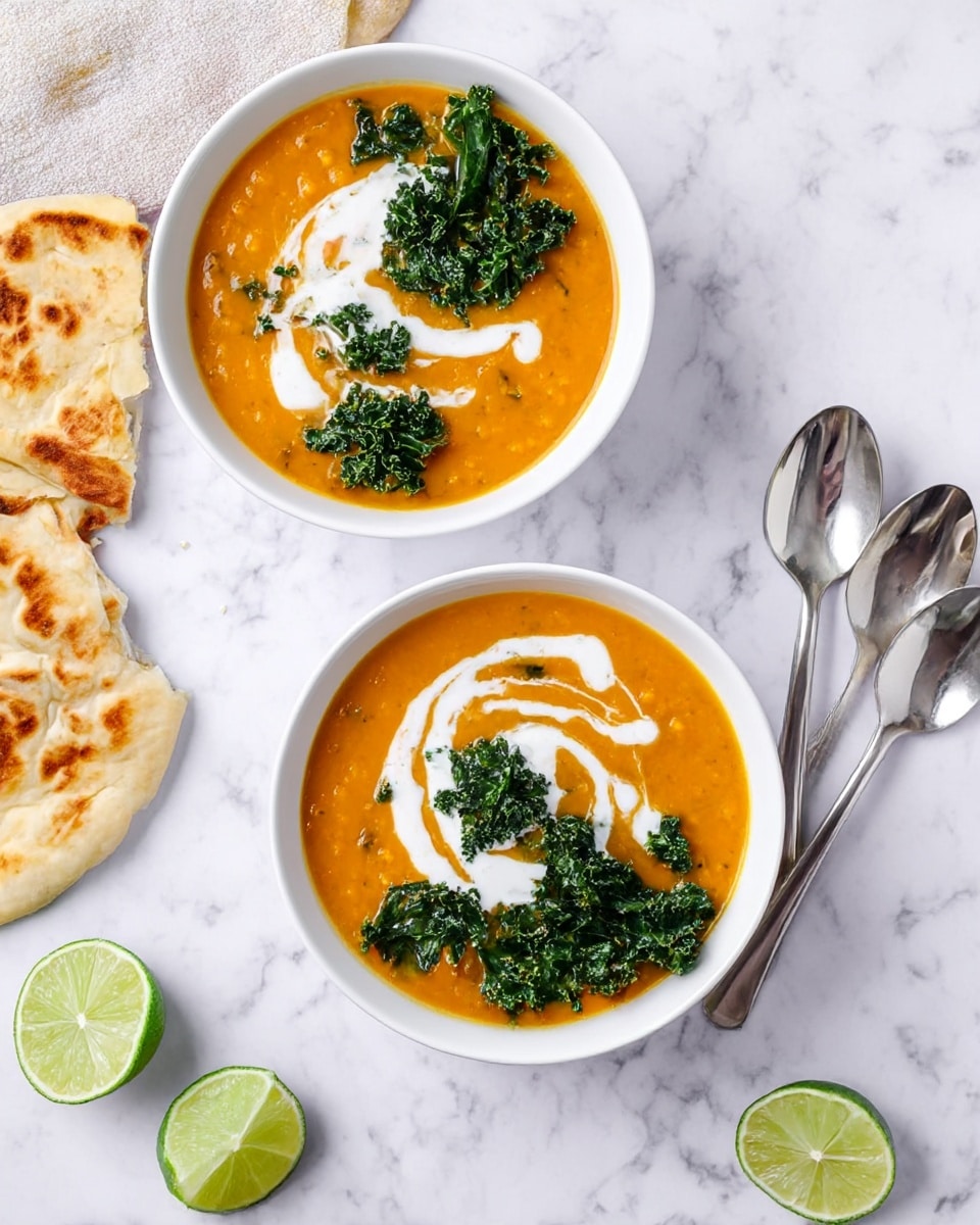The image shows two white bowls filled with orange lentil soup, each topped with a swirl of white cream and dark green crispy kale leaves as garnish. Around the bowls are pieces of lightly browned naan bread and two lime wedges with bright green skin and juicy interior, all placed on a white marbled surface. Two shiny silver spoons lay side by side near one of the bowls. The overall composition is bright and fresh with a clean presentation. photo taken with an iphone --ar 4:5 --v 7