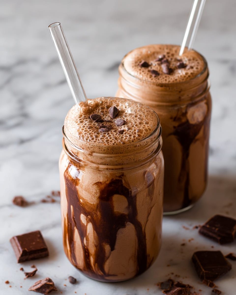 The image shows two glass jars filled with thick, creamy chocolate milkshake with rich dark chocolate syrup swirled inside, creating a marbled effect along the sides of the jars. The milkshake has a bubbly, frothy top layer with small chocolate pieces scattered on it. Each jar has a clear straw inserted into the frothy chocolate milkshake. The jars are placed on a white marbled surface with some chocolate pieces and chocolate crumbs nearby. Photo taken with an iphone --ar 4:5 --v 7