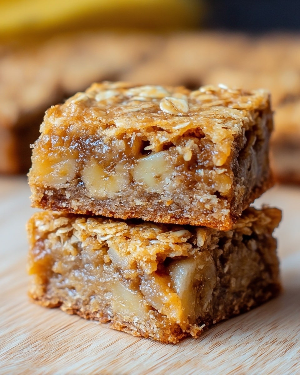 Two square oatmeal bars stacked on top of each other on a light wooden surface. Each bar has three visible layers: the top layer is golden brown and crumbly with visible oats, the middle layer is chewy and moist with a mixture of brown and golden textures, showing pieces of banana embedded inside, and the bottom layer looks slightly crisp and darker brown. The background is softly blurred with more oatmeal bars, and the whole scene is set on a white marbled texture. photo taken with an iphone --ar 4:5 --v 7
