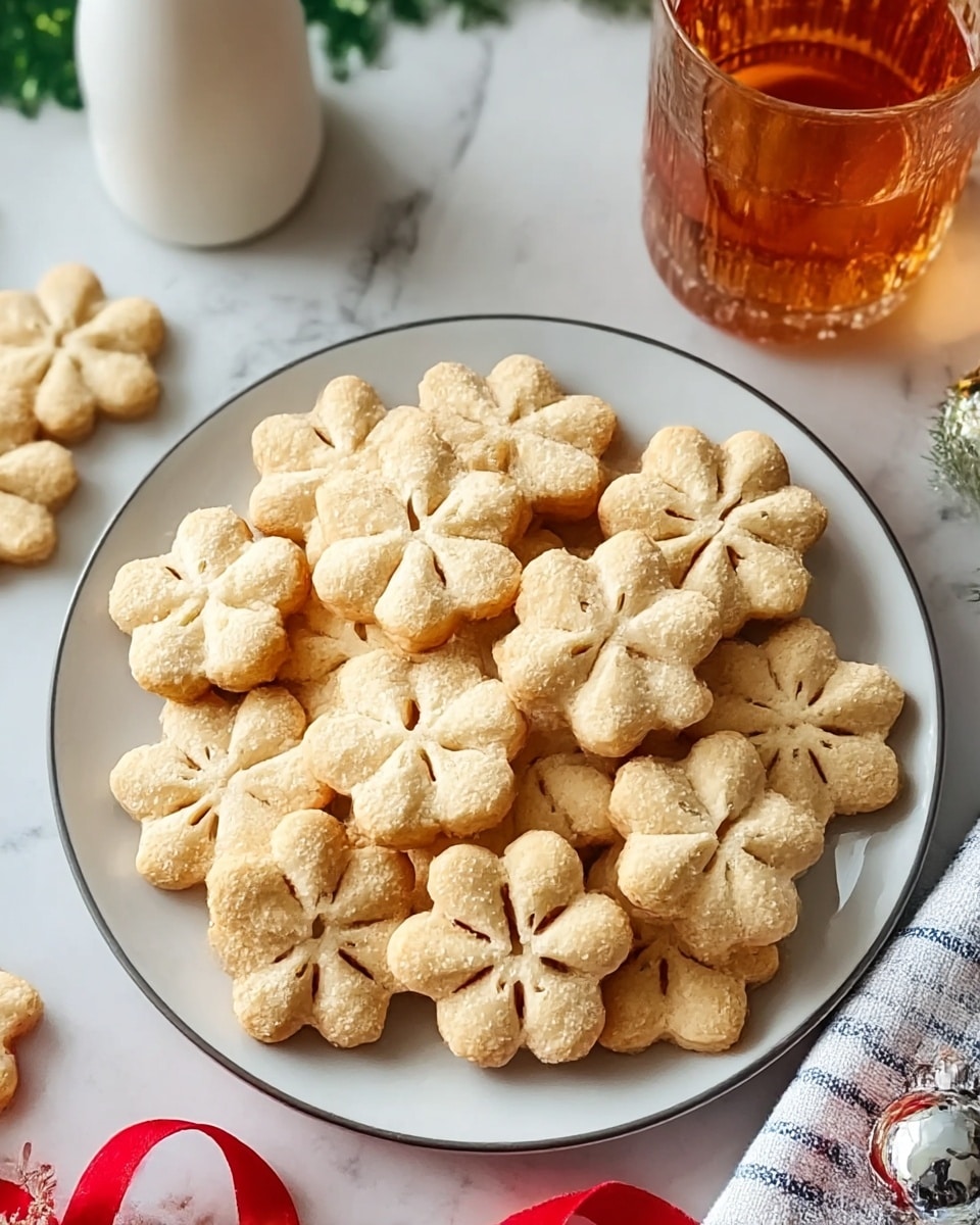 This image shows a white plate with a thin gray rim, filled with a single layer of 13 flower-shaped cookies. Each cookie is light golden brown with a slightly crumbly texture and has six rounded petals with a small slit in the middle of each petal, giving a delicate and detailed look. The plate is placed on a white marbled surface, and near the top right, there is a clear glass with amber liquid inside, partially visible. A white bottle and green blurred background can be seen in the far back. On the lower right side, there is a white and blue striped cloth with a red curly ribbon and a shiny transparent ornament lying on it. photo taken with an iphone --ar 4:5 --v 7