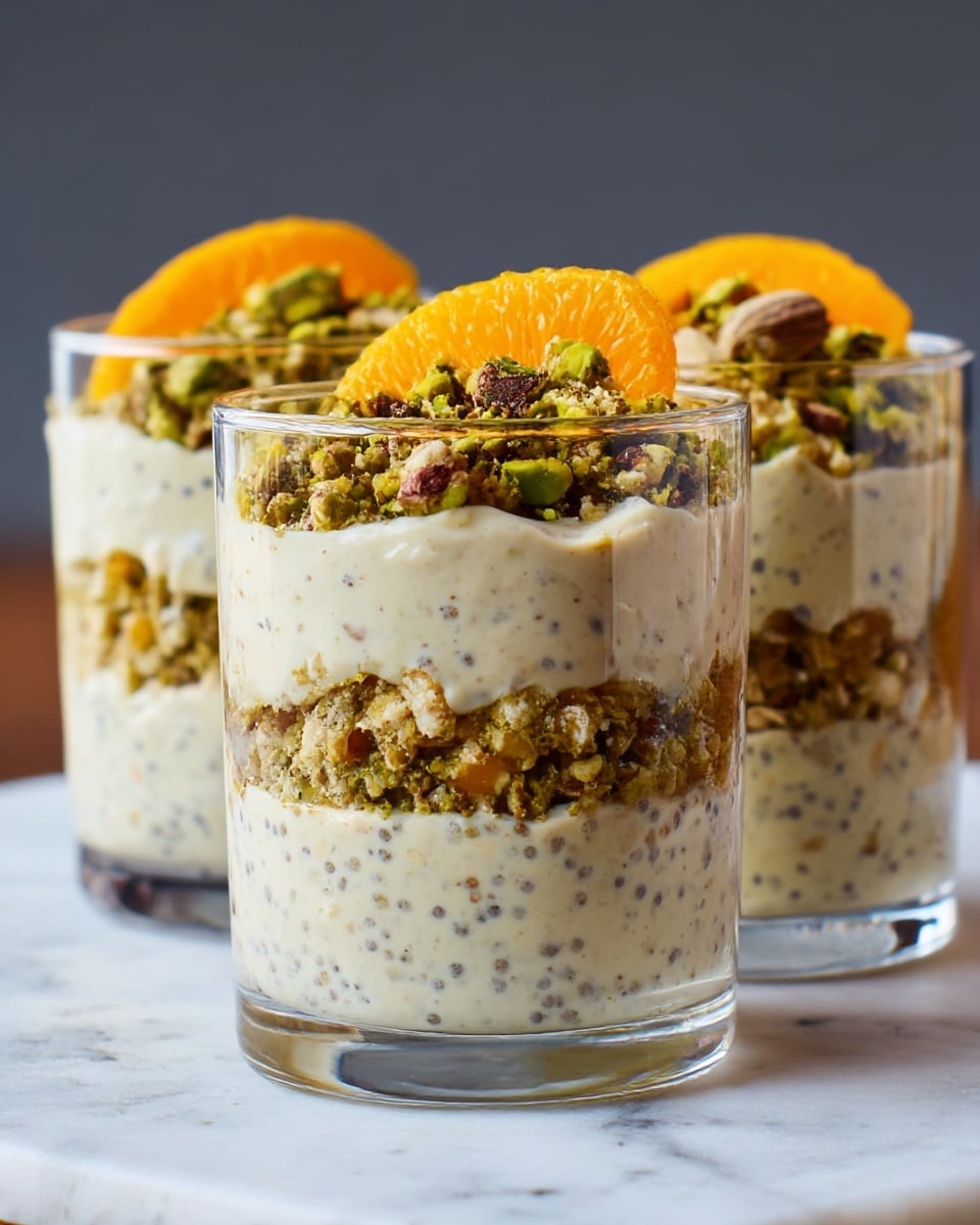 Two clear glass cups hold a three-layer dessert set on a white marbled surface. The bottom layer is thick and creamy with visible pieces of oats and small black chia seeds mixed throughout, showing a textured off-white color. The middle layer is similar, blending smoothly with the bottom while maintaining the oat and chia seed texture. The top layer is a colorful, crumbly mix of green pistachio nuts and other chopped nuts, adding a rough and crunchy contrast. Each cup is finished with a bright orange slice of fruit placed on top, adding a pop of vibrant color. Photo taken with an iphone --ar 4:5 --v 7