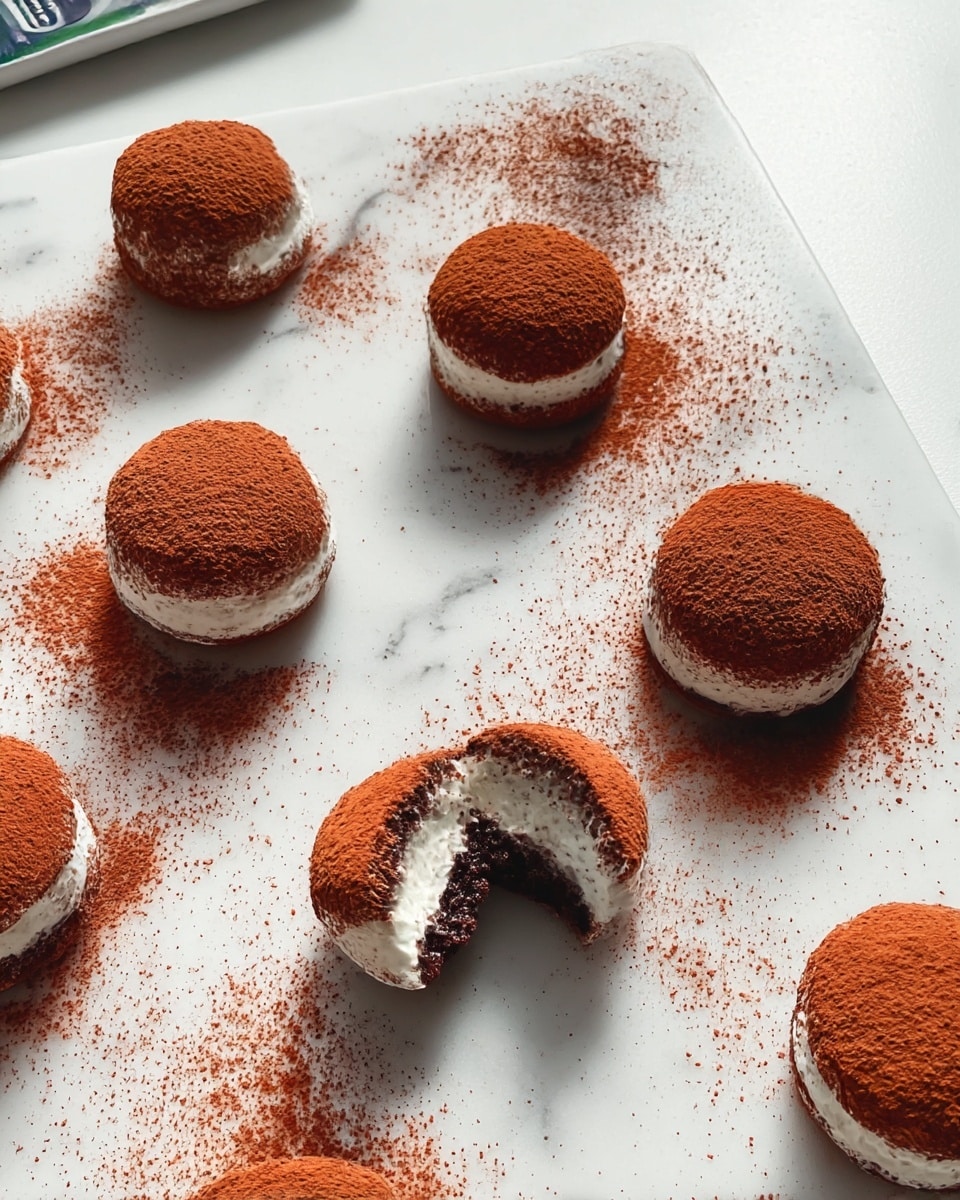 The image shows several small round chocolate truffles placed on a white marbled surface, each fully covered with a fine layer of brown cocoa powder. One truffle is cut open in the center, revealing three layers inside: a smooth white creamy layer, a middle layer of a darker chocolate texture mixed with the cream, and an outer chocolate shell. The cocoa powder is scattered generously around the truffles, creating a textured background with a mix of fine and coarse powder grains. The overall scene feels warm with rich brown tones contrasting against the white marbled surface. Photo taken with an iphone --ar 4:5 --v 7