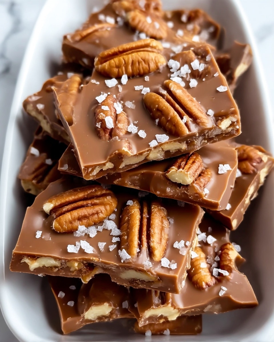 A white dish filled with several pieces of milk chocolate bark stacked unevenly. Each piece has a smooth, shiny light brown chocolate coating on top, embedded with whole and broken pecan nuts that are a warm tan color with textured ridges. Scattered across the surface of the chocolate bark are small, irregular white salt flakes that add texture and contrast. The bark pieces show some rough edges and layers of chocolate with pecans inside, giving a slightly chunky and rich appearance. The background has a white marbled texture. photo taken with an iphone --ar 4:5 --v 7