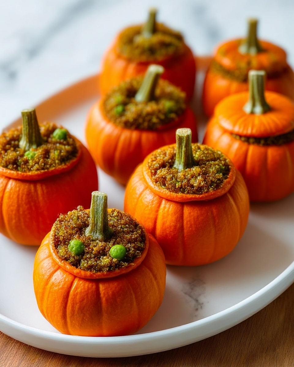 The image shows six small orange pumpkins with their tops cut off and placed back like lids, filled with a crumbly, brown and green mixture that looks like seasoned quinoa or couscous with small green peas. Each pumpkin has a bright orange smooth skin with vertical ridges, and their greenish stems stand upright in the middle of the filling. They are neatly arranged on a round white plate, which sits on a wooden surface. The white marbled texture is visible in the blurred background, giving a clean and bright look to the setting. photo taken with an iphone --ar 4:5 --v 7