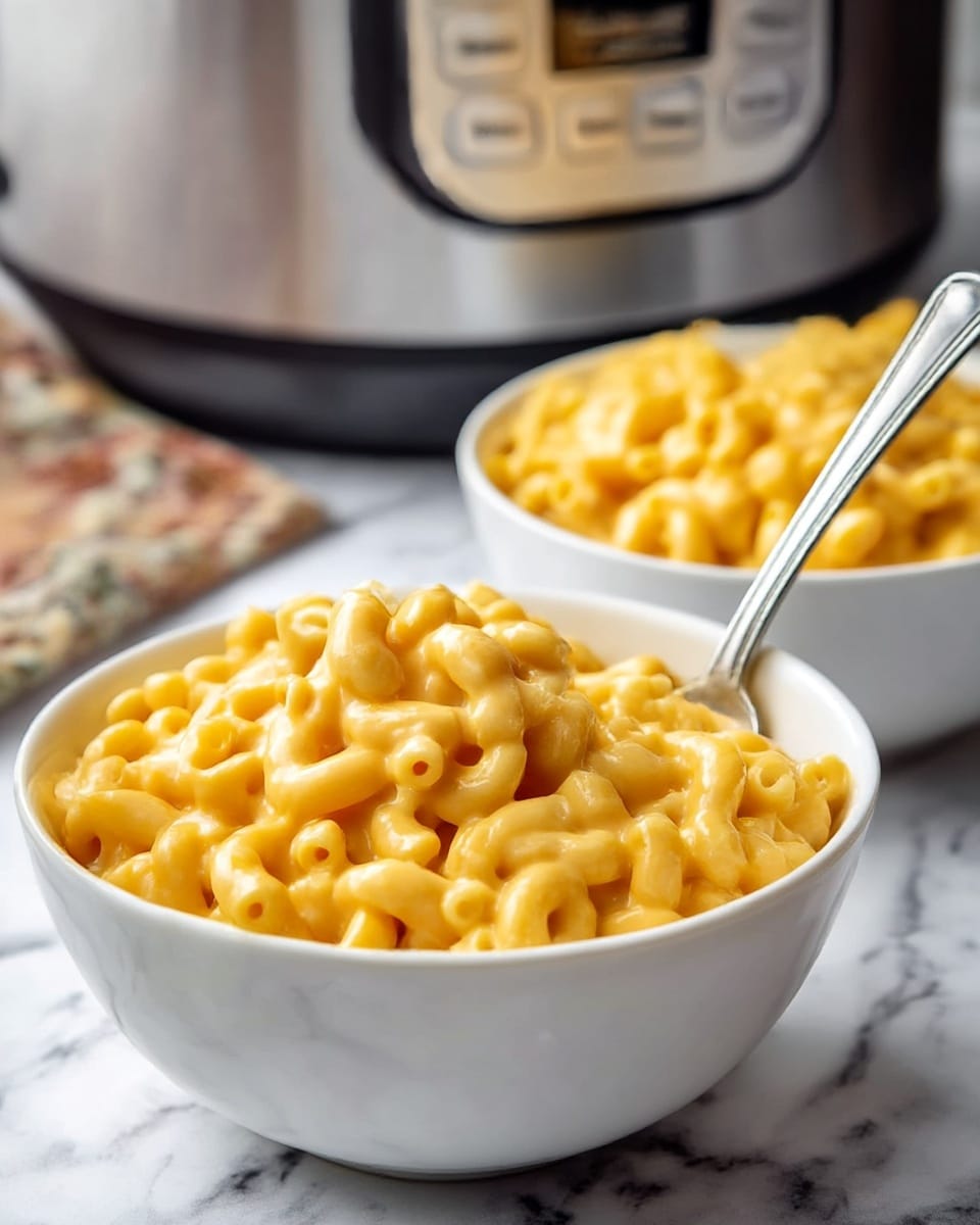 Two white bowls filled with creamy macaroni and cheese sit on a white marbled surface. Each bowl holds one layer of curly macaroni pasta, coated thickly in a bright orange-yellow cheese sauce with a smooth and glossy texture. A silver spoon is placed inside the bowl in the foreground, slightly lifting the cheesy pasta. The background shows a blurred stainless steel slow cooker, adding context to the setting. photo taken with an iphone --ar 4:5 --v 7